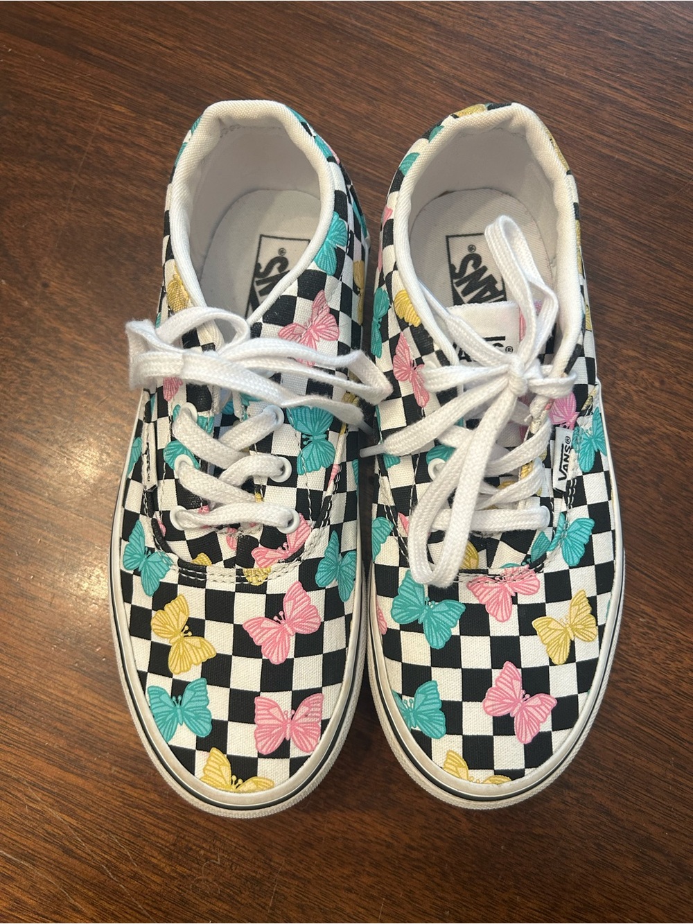Vans Kids Checkerboard Butterfly Lace-Up Sneakers - White/Teal/Pink/Yellow